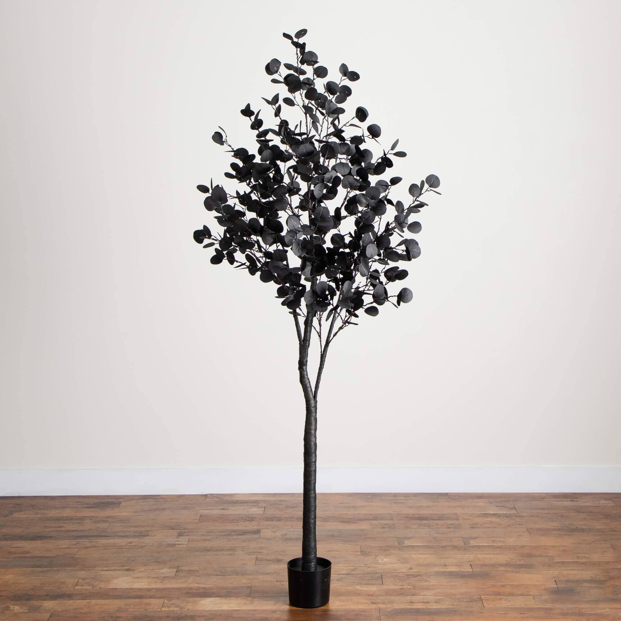 7ft. Pre-Lit Artificial Halloween Black Eucalyptus Tree with 420 Orange & Purple LED Lights
